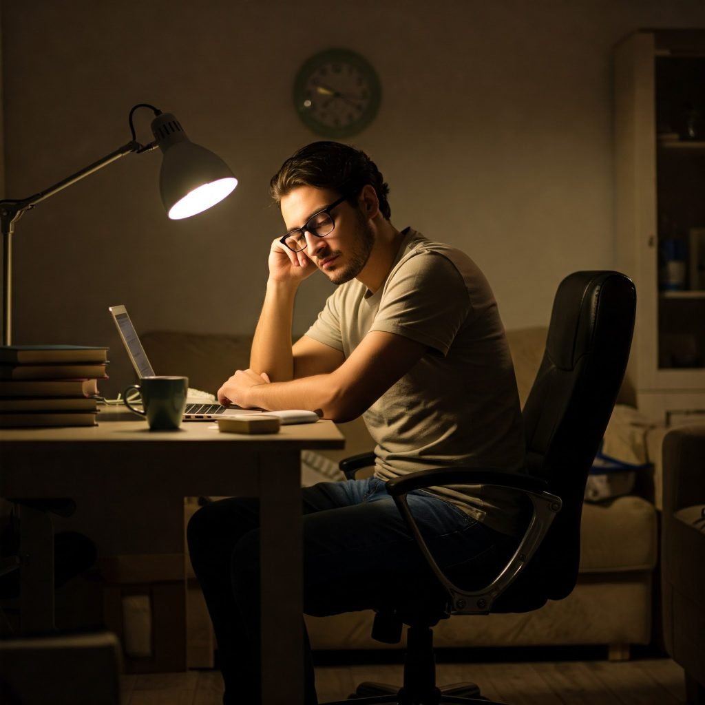 Rischi fisici: Impiegato in smart working davanti a più schermi, occhi stanchi, illuminazione non ottimizzata, ambiente domestico con posture scorrette, orario serale.