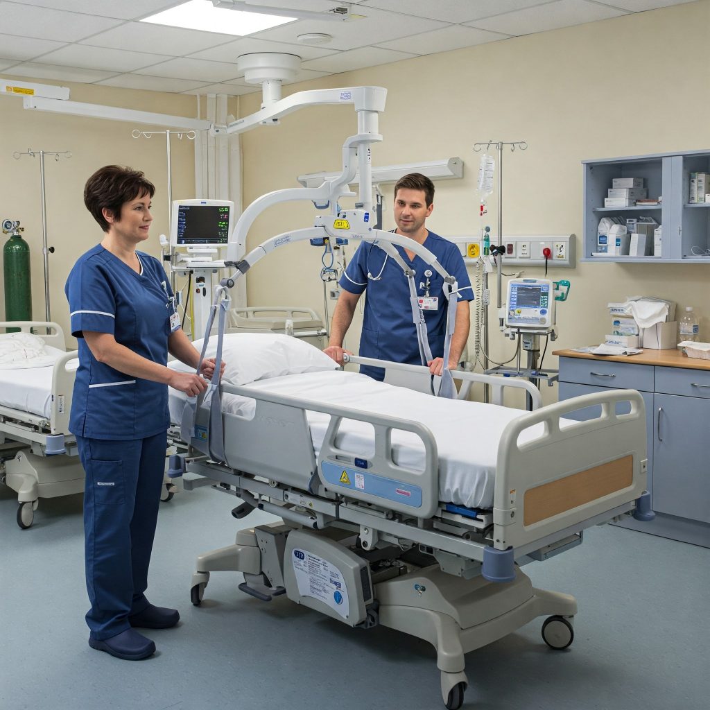 rischi professionali degli infermieri: Infermieri che sollevano un paziente da un letto con l’aiuto di un sollevatore meccanico. Ambientazione: reparto ospedaliero moderno, con letti regolabili e attrezzature sanitarie. Immagine realistica e professionale.