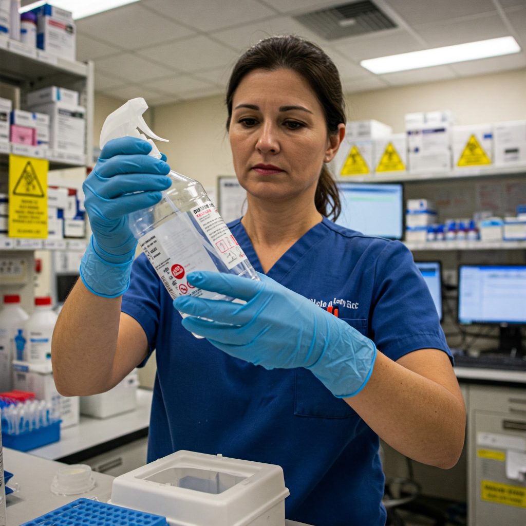rischi professionali degli infermieri Primo piano su un’infermiera che maneggia una bottiglia di disinfettante chimico indossando guanti protettivi, all’interno di un laboratorio ospedaliero. Sullo sfondo: scaffali con sostanze chimiche etichettate, cartelli di sicurezza e schermi di computer.
