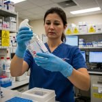 rischi professionali degli infermieri Primo piano su un’infermiera che maneggia una bottiglia di disinfettante chimico indossando guanti protettivi, all’interno di un laboratorio ospedaliero. Sullo sfondo: scaffali con sostanze chimiche etichettate, cartelli di sicurezza e schermi di computer.