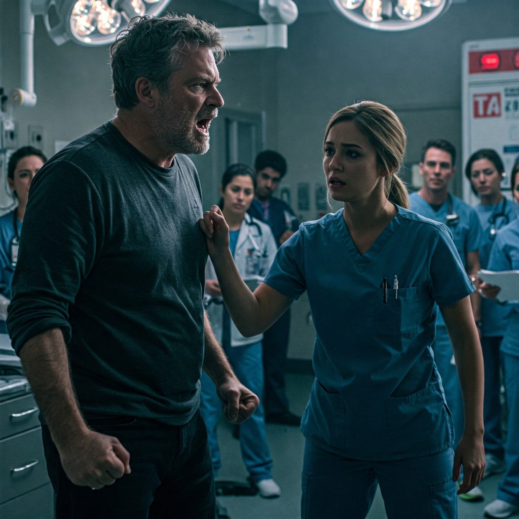 rischi professionali degli infermieri: Scena in pronto soccorso: un paziente agitato si rivolge in modo aggressivo verso un infermiere. Altri operatori osservano la situazione. Lo sfondo mostra un ambiente caotico tipico di un ospedale. Stile fotografico realistico.