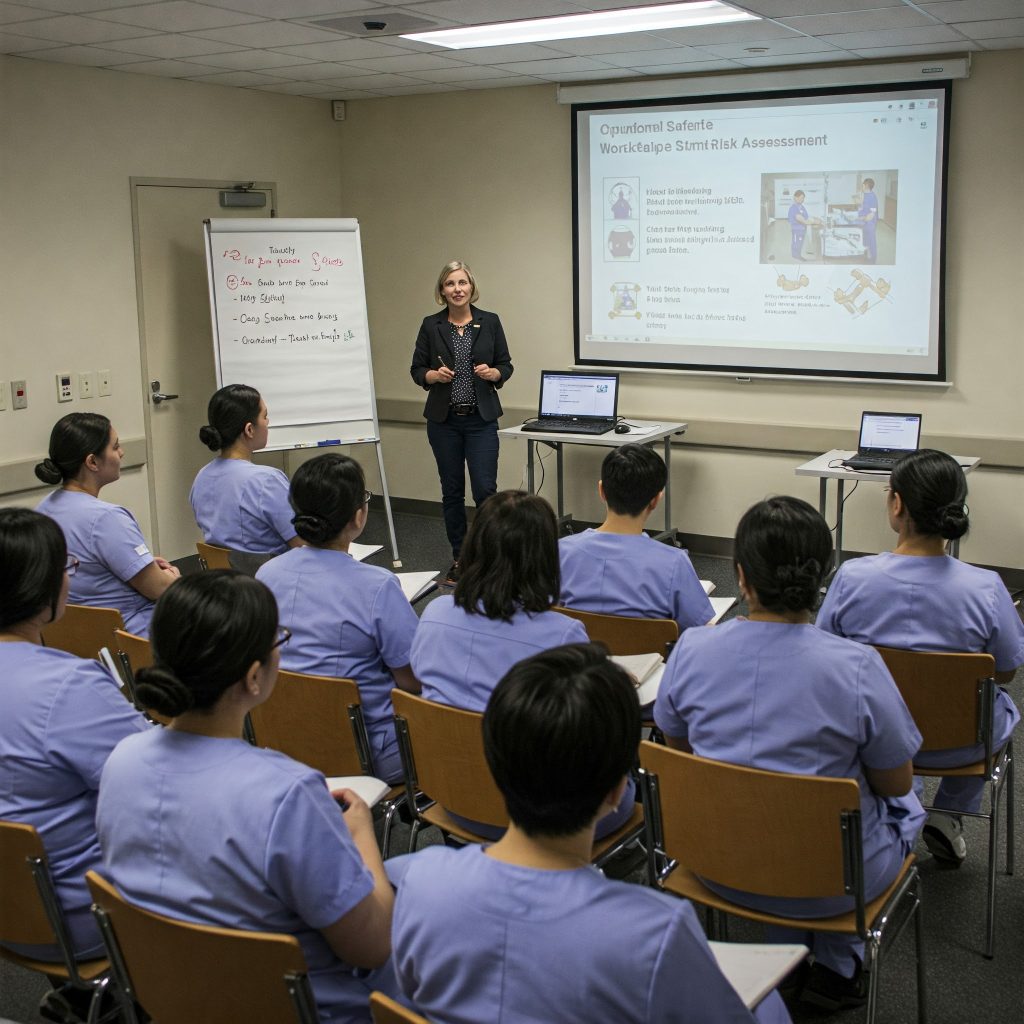 rischi professionali degli infermieri: Gruppo di infermieri in fila che indossano correttamente i dispositivi di protezione individuale: maschera chirurgica, occhiali protettivi, camice monouso e guanti. Sfondo: spogliatoio/area preparazione ospedaliera.
