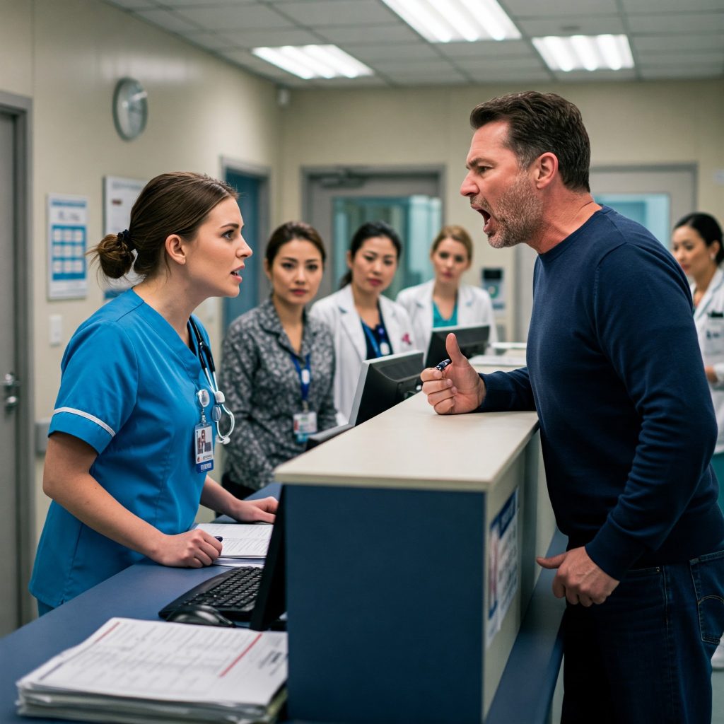rischi professionali degli infermieri: Paziente arrabbiato che urla contro un infermiere in camice blu presso la reception del reparto. Lo sguardo dell’infermiere è teso ma professionale. Sullo sfondo: cartelle cliniche, schermi accesi e personale che osserva la scena.
