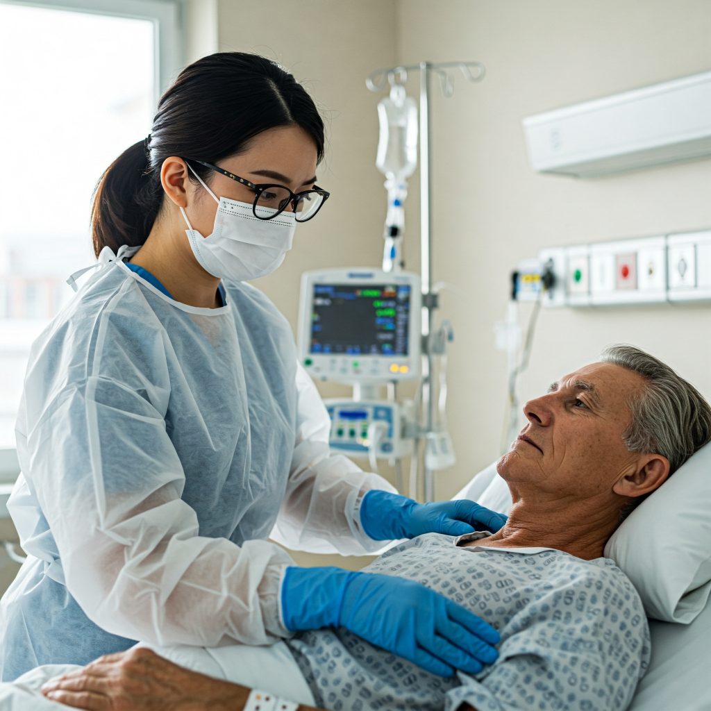 Rischio Biologico: Un lavoratore sanitario con mascherina FFP3, guanti protettivi e camice, che assiste un paziente in una stanza d'ospedale, per illustrare il rischio biologico in ambiente sanitario