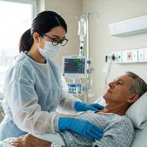 Rischio Biologico: Un lavoratore sanitario con mascherina FFP3, guanti protettivi e camice, che assiste un paziente in una stanza d'ospedale, per illustrare il rischio biologico in ambiente sanitario