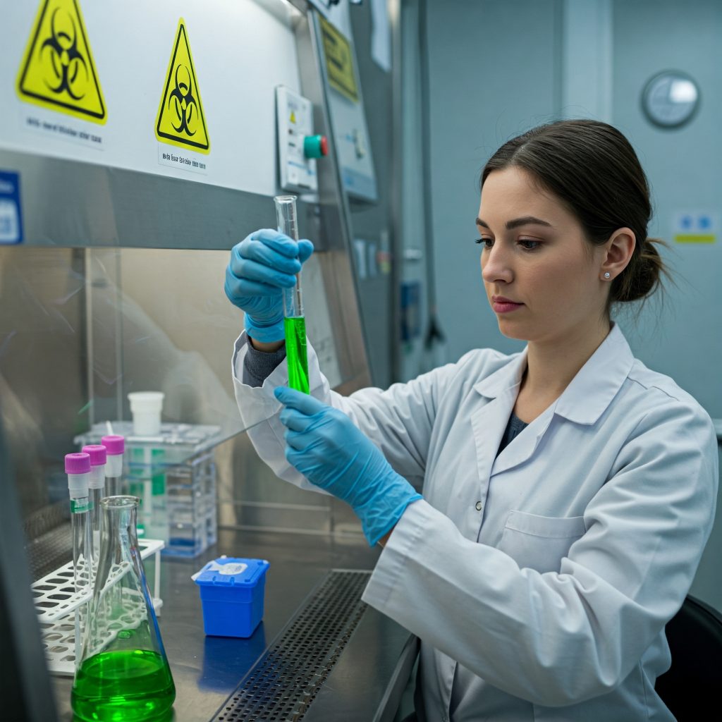 Rischio Biologico: Un tecnico di laboratorio che manipola una provetta con agenti biologici in un laboratorio di microbiologia, con simboli di pericolo biologico in evidenza.