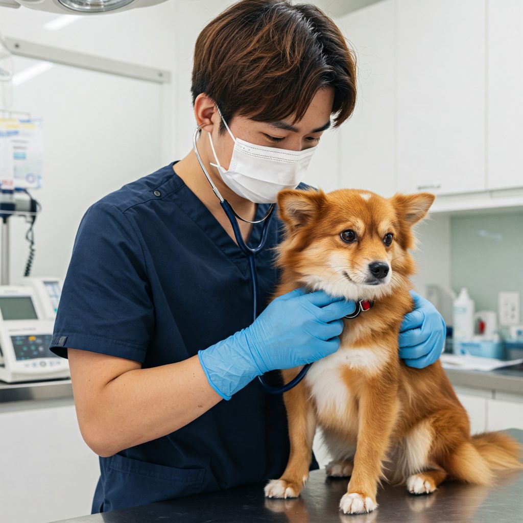 Rischio Biologico:Un veterinario che indossa guanti e mascherina mentre esamina un animale, per rappresentare il rischio di zoonosi e altri agenti biologici in ambito veterinario.