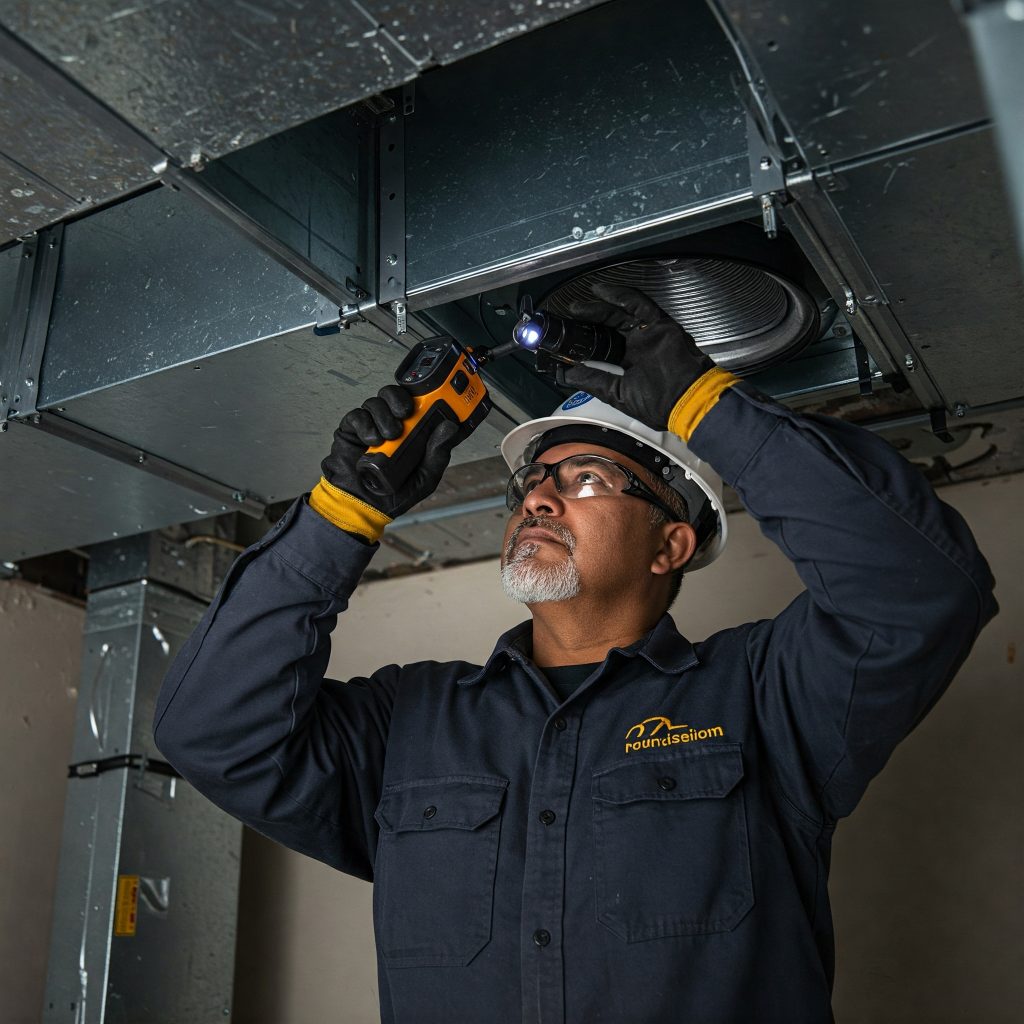 Rischio Biologico: "Un tecnico della climatizzazione che ispeziona un condotto di ventilazione, con attenzione al rischio di esposizione a Legionella.