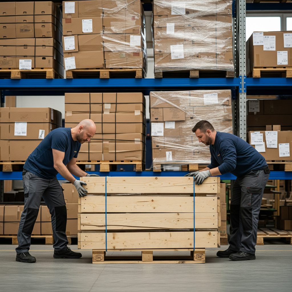 Rischio ergonomico: Due lavoratori in un ambiente industriale che sollevano una cassa pesante senza ausili meccanici. Uno ha una postura scorretta, con la schiena piegata. Sullo sfondo scaffali pieni di scatole. L'immagine deve mostrare i rischi della movimentazione manuale dei carichi.