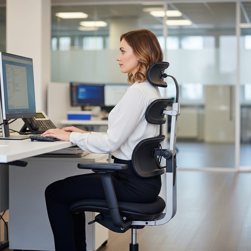 Rischio ergonomico: Una donna in ufficio seduta su una sedia ergonomica con schienale reclinabile, braccioli regolabili e supporto lombare attivo. I piedi sono appoggiati su un poggiapiedi, il monitor è all’altezza degli occhi.