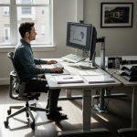 Rischio ergonomico: Un uomo seduto alla scrivania in un ufficio moderno. Indossa una camicia e sta digitando su un computer senza supporto ergonomico: schermo troppo basso, polsi piegati, schiena curva. Sullo sfondo, altre persone in postazioni simili. L'immagine deve mostrare chiaramente la mancanza di ergonomia nel lavoro d'ufficio.