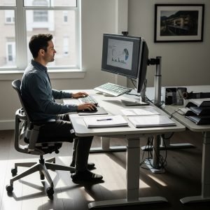 Rischio ergonomico: Un uomo seduto alla scrivania in un ufficio moderno. Indossa una camicia e sta digitando su un computer senza supporto ergonomico: schermo troppo basso, polsi piegati, schiena curva. Sullo sfondo, altre persone in postazioni simili. L'immagine deve mostrare chiaramente la mancanza di ergonomia nel lavoro d'ufficio.