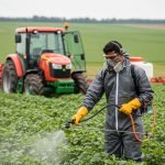 Rischio in agricoltura: Un agricoltore che indossa DPI completi (guanti, maschera, occhiali, tuta protettiva) mentre spruzza pesticidi su un campo, con un trattore moderno sullo sfondo.