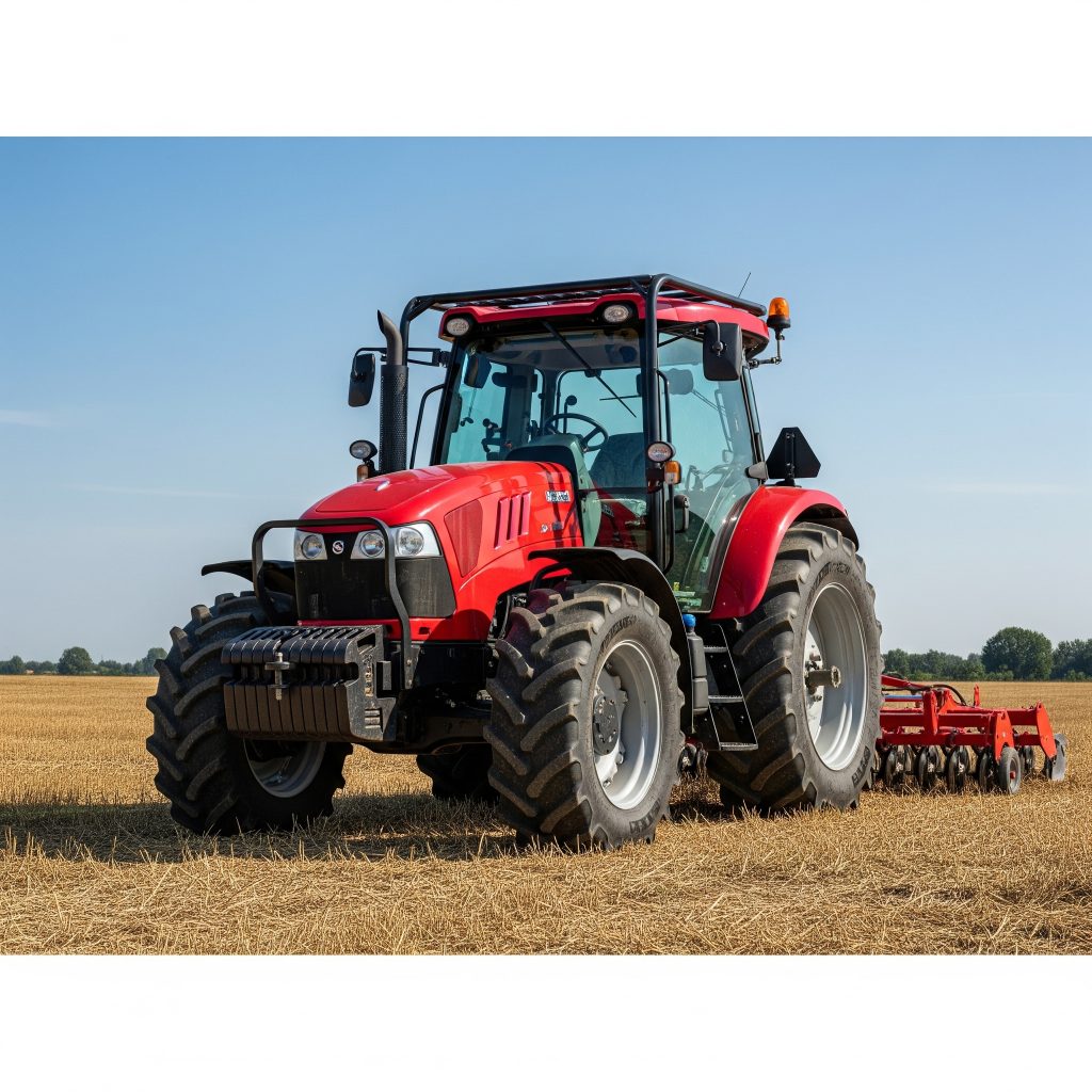Rischio in agricoltura: Un trattore moderno con cabina di sicurezza e roll-bar evidenti, che simboleggia la protezione contro il rischio di ribaltamento e gli infortuni gravi.