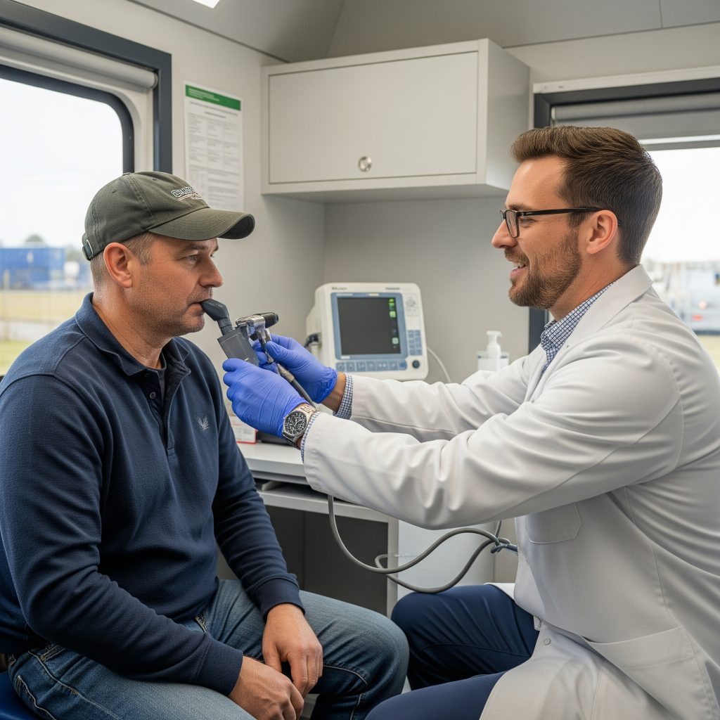 Rischio in agricoltura: Un medico competente che effettua una visita medica (es. audiometria o spirometria) su un agricoltore all'interno di un ambulatorio mobile o una struttura sanitaria, a sottolineare la sorveglianza sanitaria.