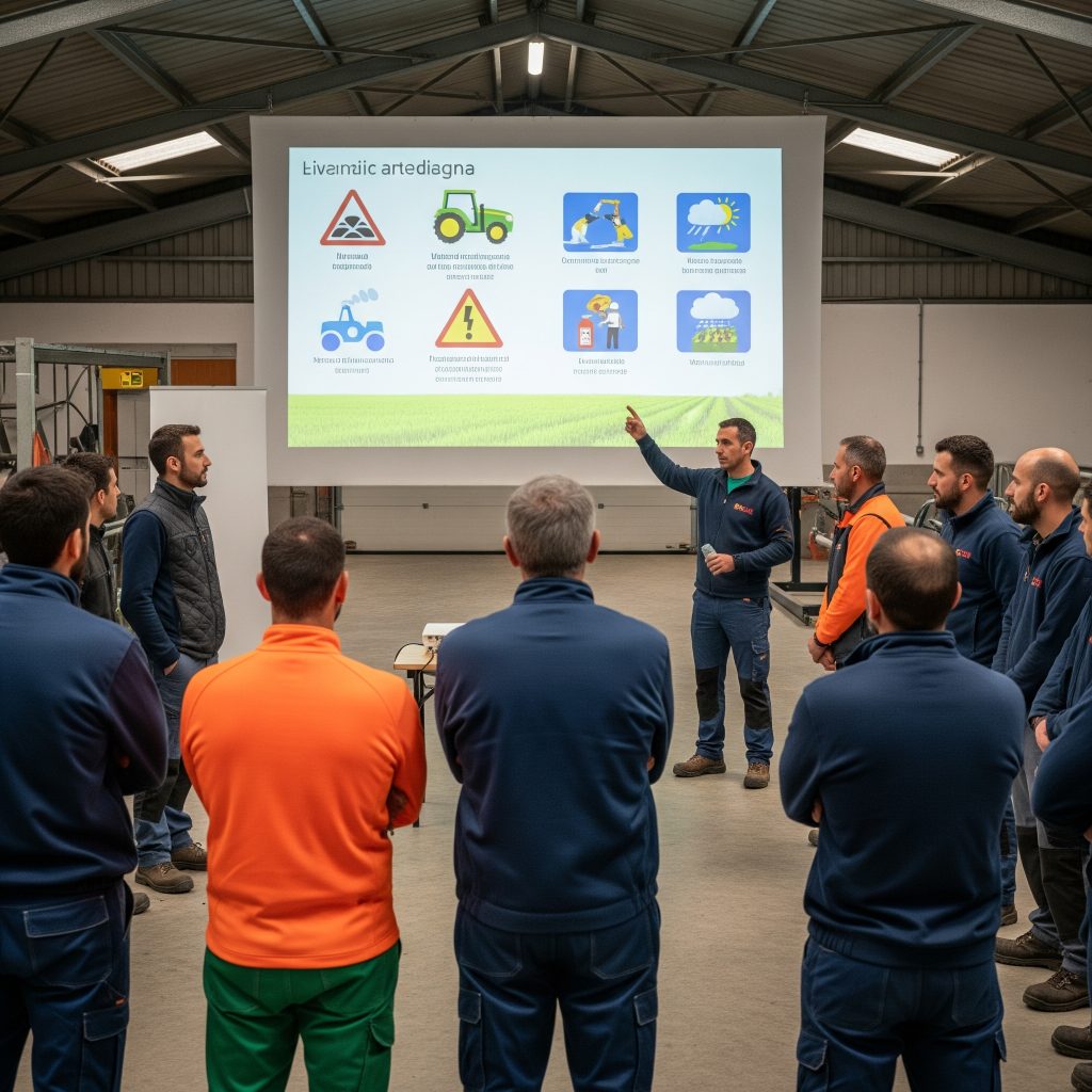 Rischio in agricoltura: Un gruppo di agricoltori che partecipa a un corso di formazione sulla sicurezza, con un istruttore che indica grafici o diapositive sui rischi specifici