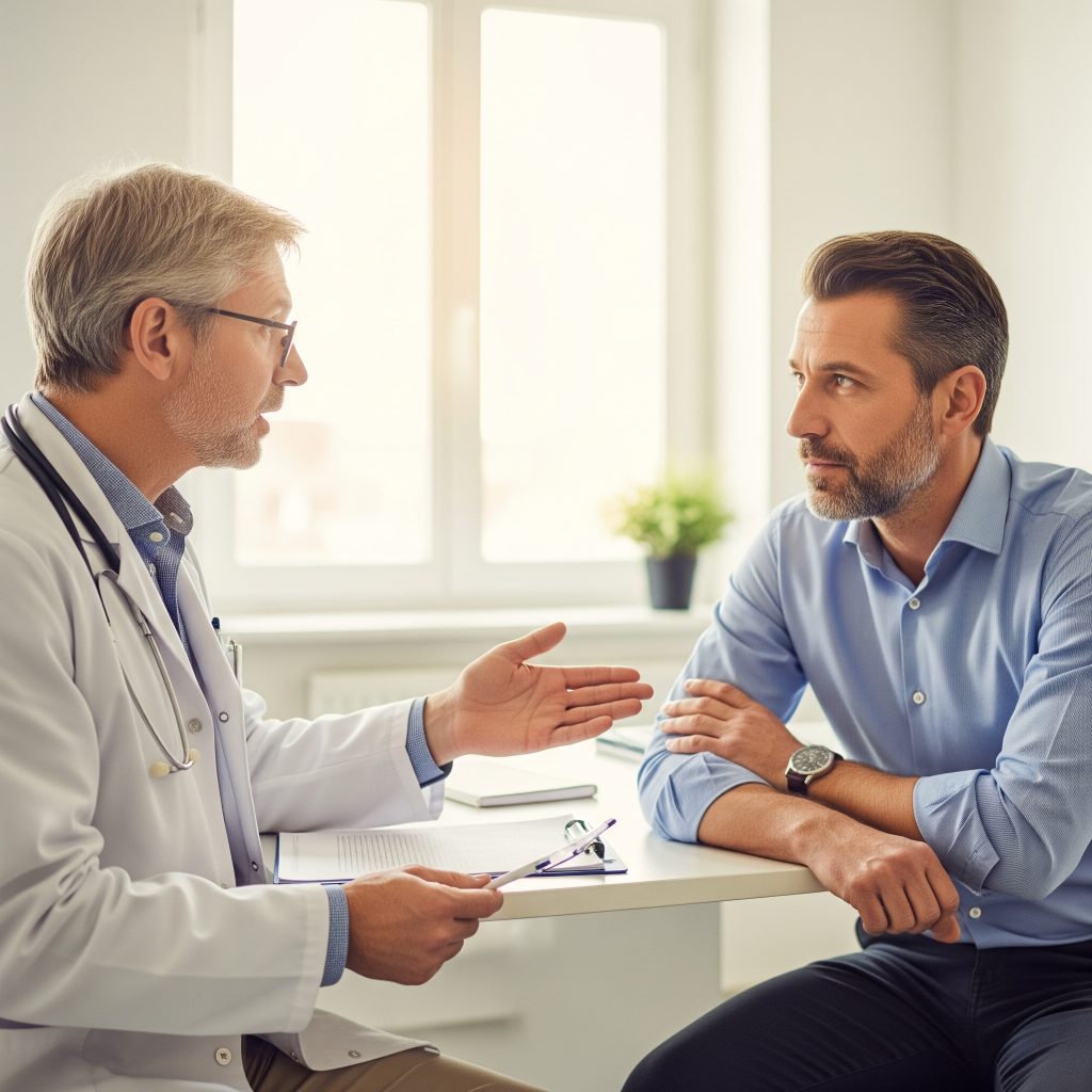 Visita medica per cambio mansione: Un lavoratore che si sottopone a una visita medica per il cambio di mansione, ambiente ospedaliero, stile fotografico.
