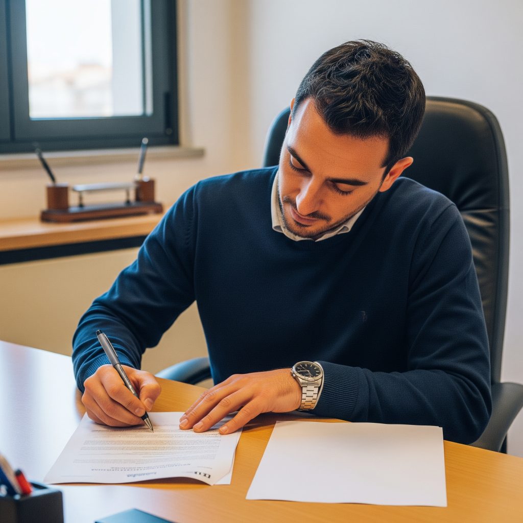 Visita medica per cambio mansione: Un lavoratore che firma un documento relativo alla visita medica per il cambio di mansione, stile fotografico realistico.