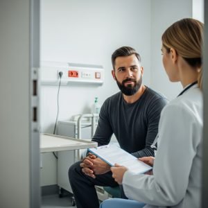 Visita medica per cambio mansione: Un lavoratore che discute con il medico del lavoro delle limitazioni emerse durante la visita per il cambio di mansione, stile fotografico.