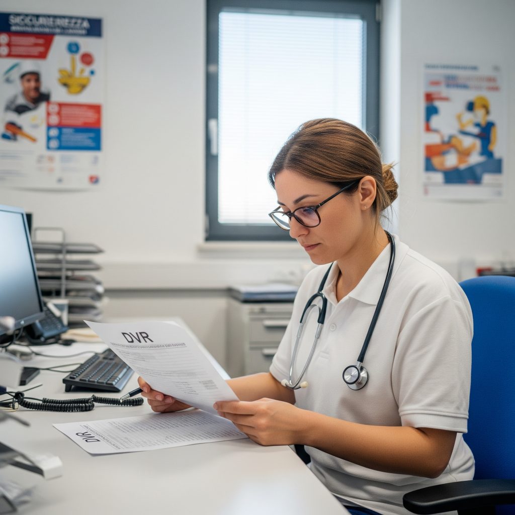 Visita medica per cambio mansione: Un medico del lavoro che consulta il DVR (Documento di Valutazione dei Rischi) prima di effettuare una visita per cambio mansione, stile fotografico.a