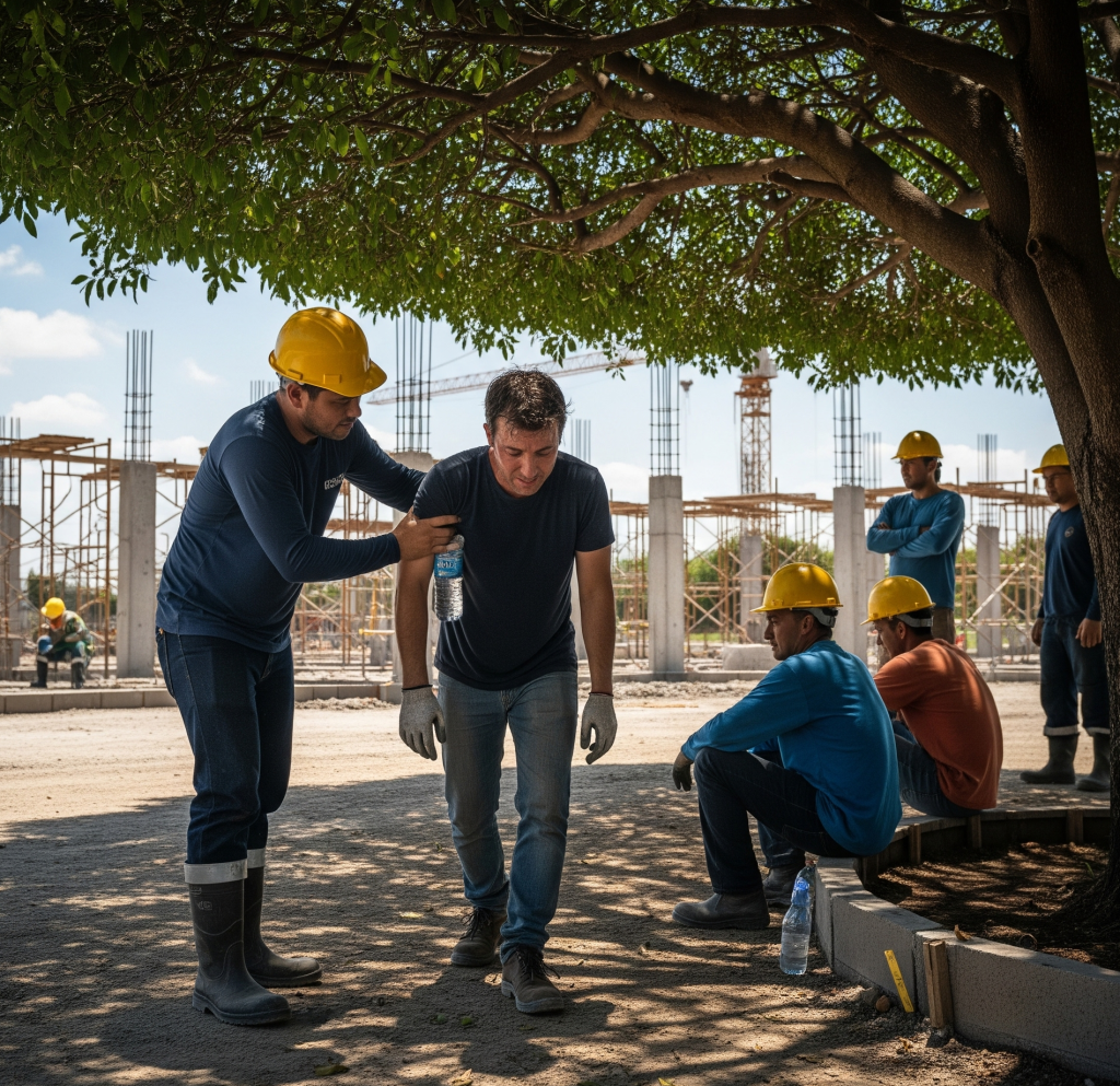 Rischio caldo: Un lavoratore che mostra segni di malore (es. vertigini, debolezza) mentre un collega lo assiste, portandolo all'ombra e offrendogli acqua.