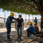Rischio caldo: Un lavoratore che mostra segni di malore (es. vertigini, debolezza) mentre un collega lo assiste, portandolo all'ombra e offrendogli acqua.