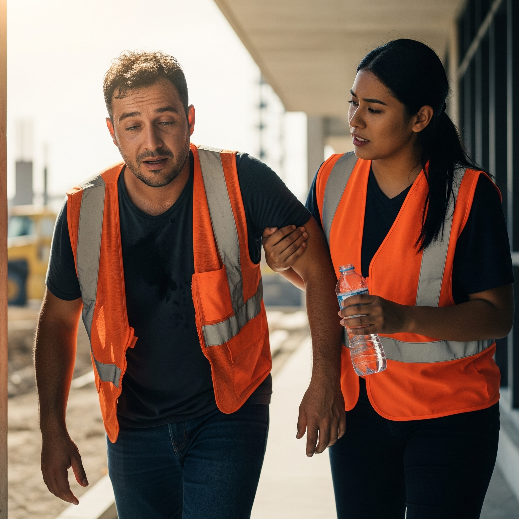 Rischio caldo:Un lavoratore che mostra segni di malore (es. vertigini, debolezza) mentre un collega lo assiste, portandolo all'ombra e offrendogli acqua.