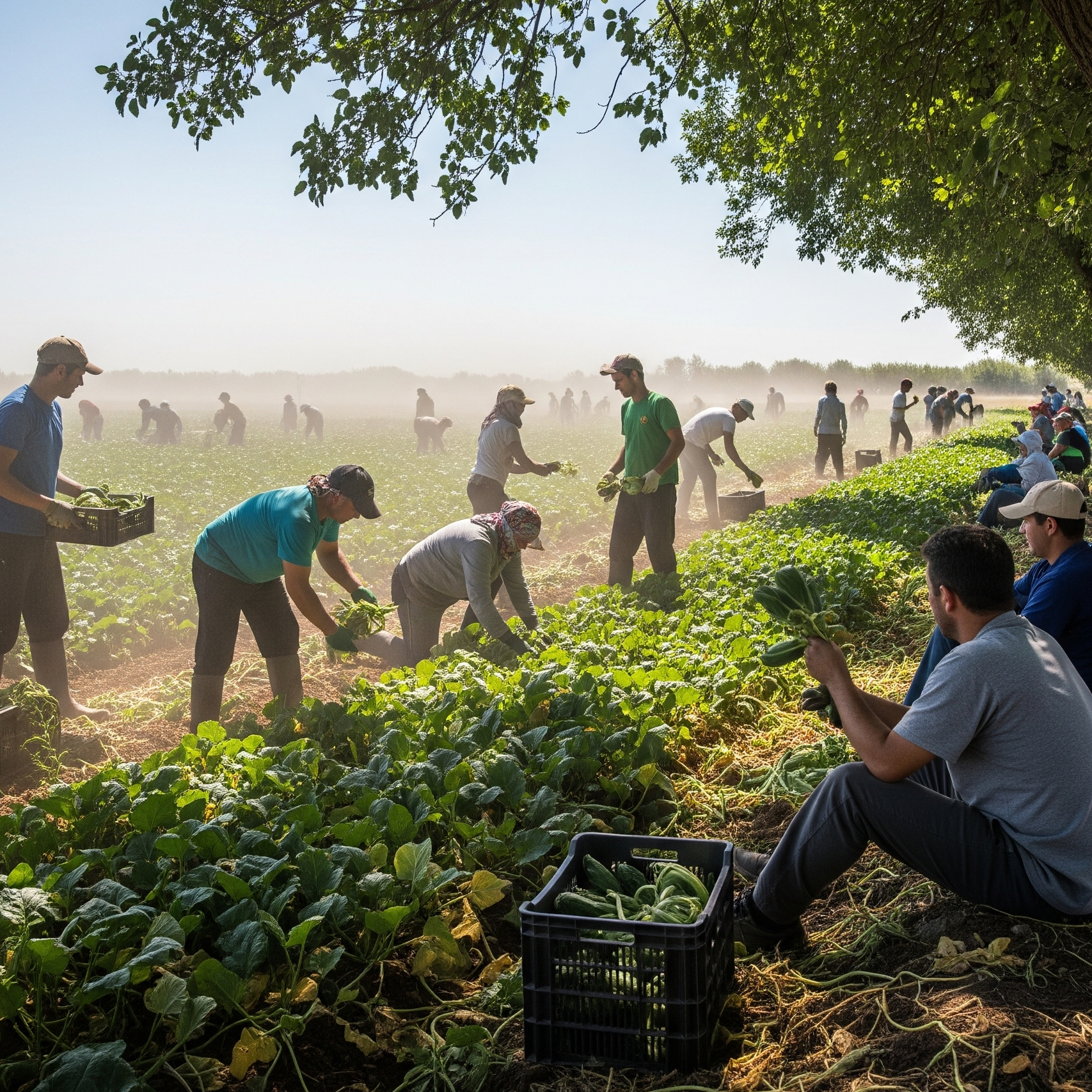 Rischio caldo: Un gruppo di braccianti agricoli che raccolgono ortaggi in un campo sotto un sole intenso, con l'aria che vibra per il calore. Si vedono alcuni che si riposano brevemente all'ombra di un albero.