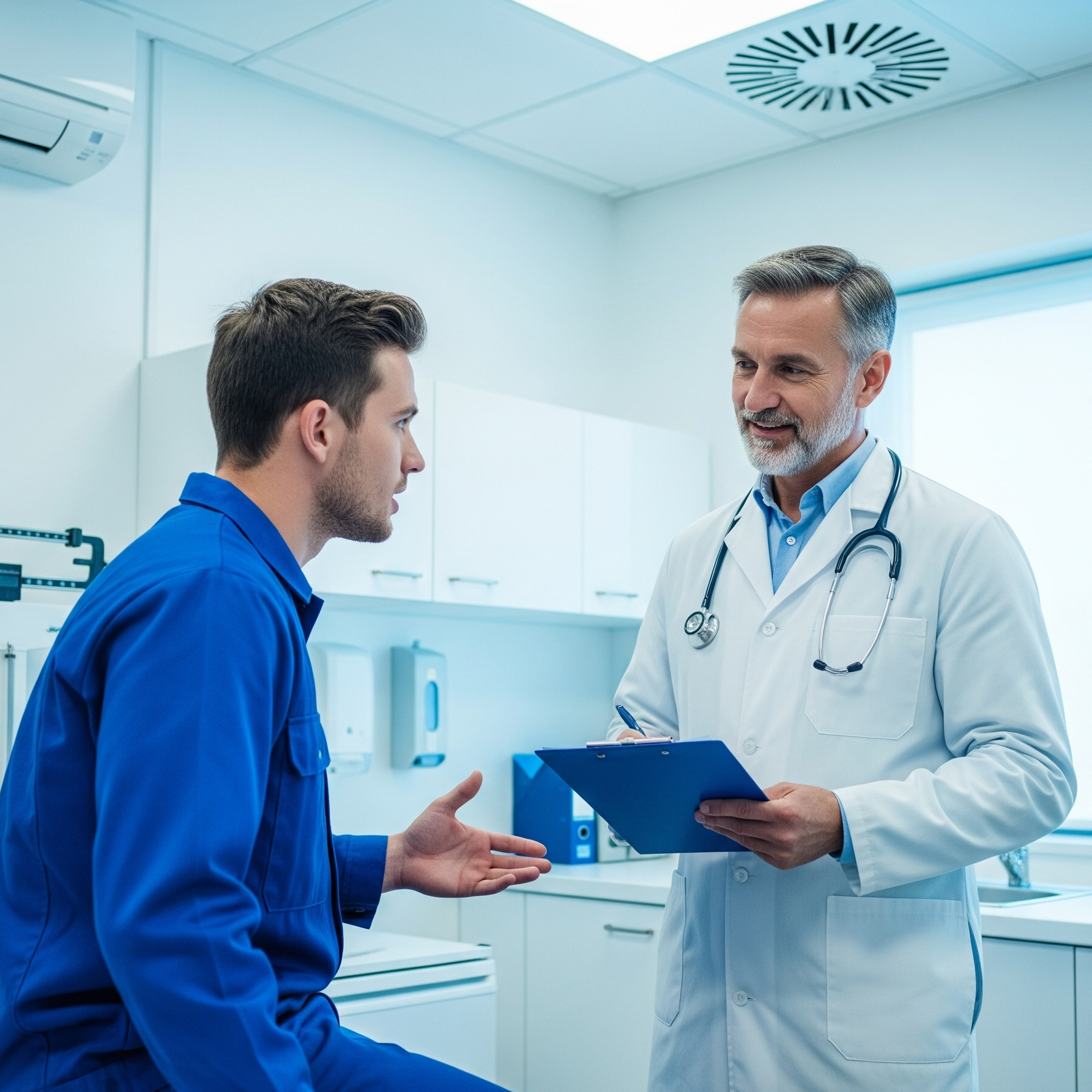 Rischio caldo: Un medico competente (medico del lavoro) che esegue una visita di sorveglianza sanitaria su un lavoratore in un ambiente climatizzato, con grafici o schermi che mostrano parametri di stress termico.