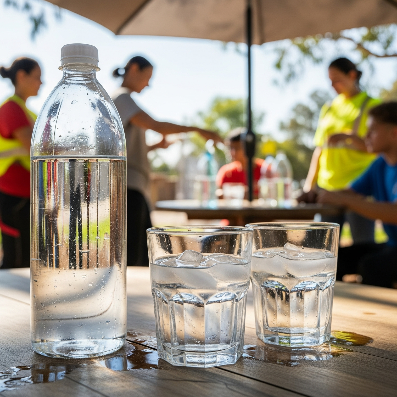 Rischio caldo: Un primo piano su una bottiglia d'acqua fresca e bicchieri su un tavolo in un'area di ristoro ombreggiata in un luogo di lavoro all'aperto, con lavoratori che si rinfrescano sullo sfondo.
