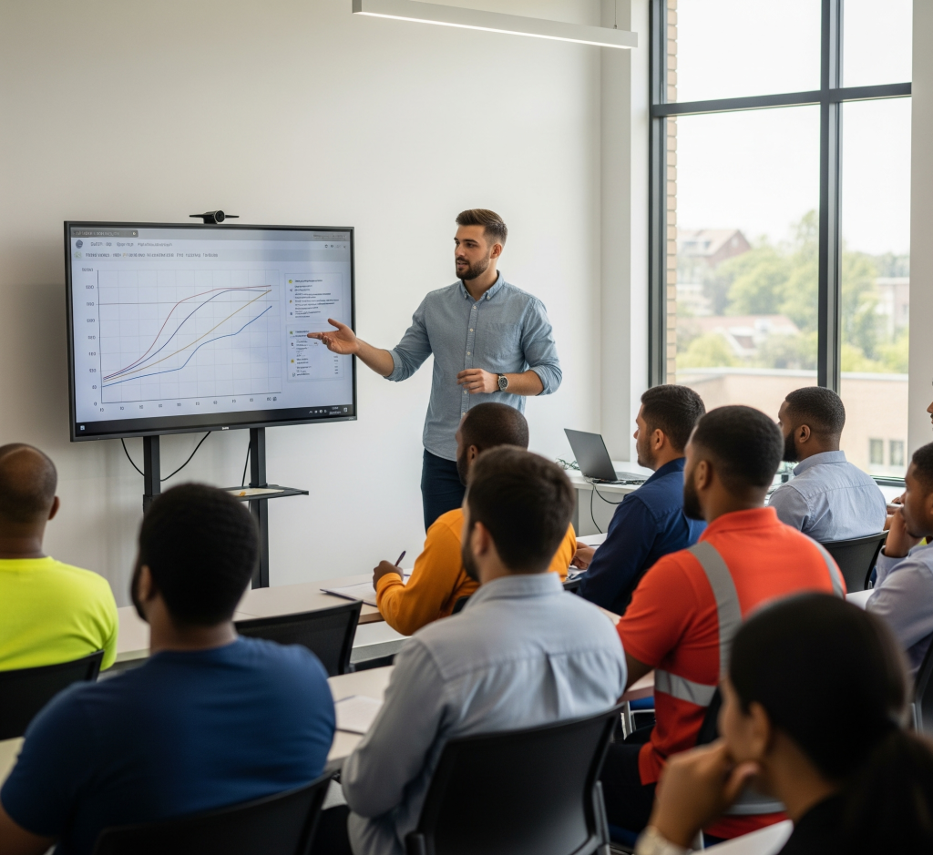 Nuovo Accordo Stato-Regioni 2025: Un gruppo di lavoratori attenti in un'aula moderna, che partecipano a un corso di formazione sulla sicurezza sul lavoro, con un istruttore che spiega un grafico su uno schermo.