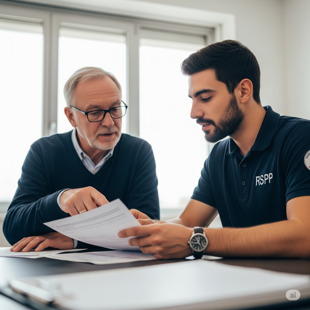 Nuovo Accordo Stato-Regioni 2025: Un datore di lavoro e un RSPP (Responsabile del Servizio Prevenzione e Protezione) che esaminano documenti relativi alla valutazione dei rischi in un ufficio ben illuminato, con un focus sulla collaborazione.