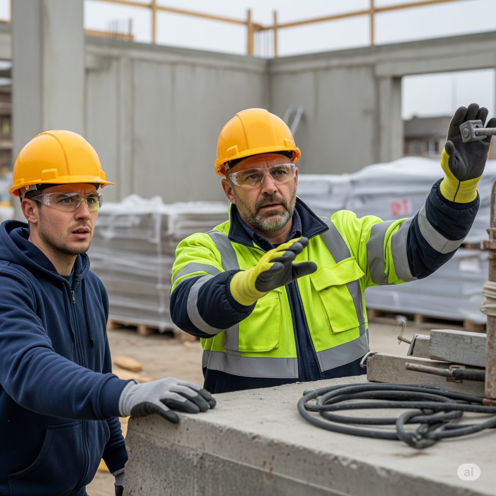 Nuovo Accordo Stato-Regioni 2025: Un preposto che, con un'espressione seria e attenta, interrompe temporaneamente un'attività in un cantiere edile, indicando un'attrezzatura non conforme a un lavoratore.
