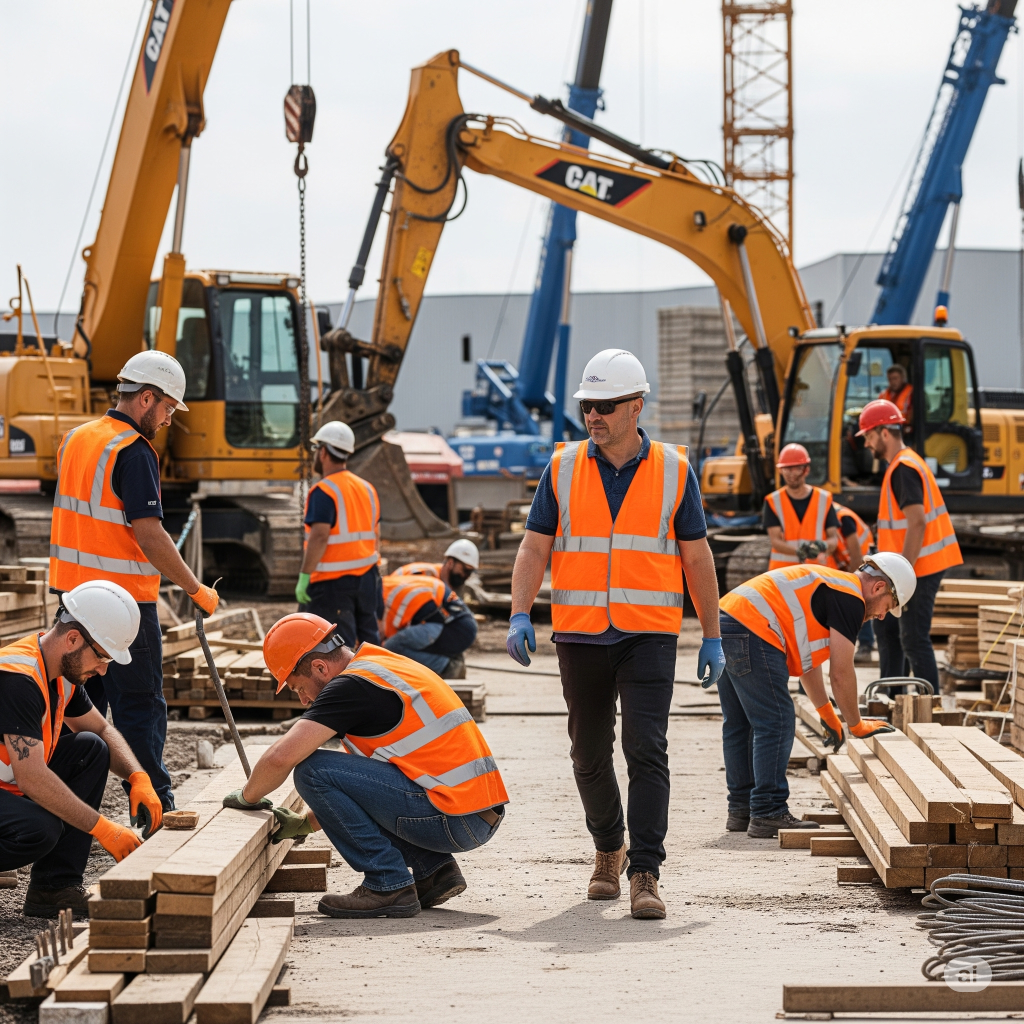 Nuovo Accordo Stato-Regioni 2025: Un cantiere temporaneo o mobile con operai che indossano DPI (Dispositivi di Protezione Individuale) e un dirigente che supervisiona le operazioni, evidenziando la sicurezza in opera.