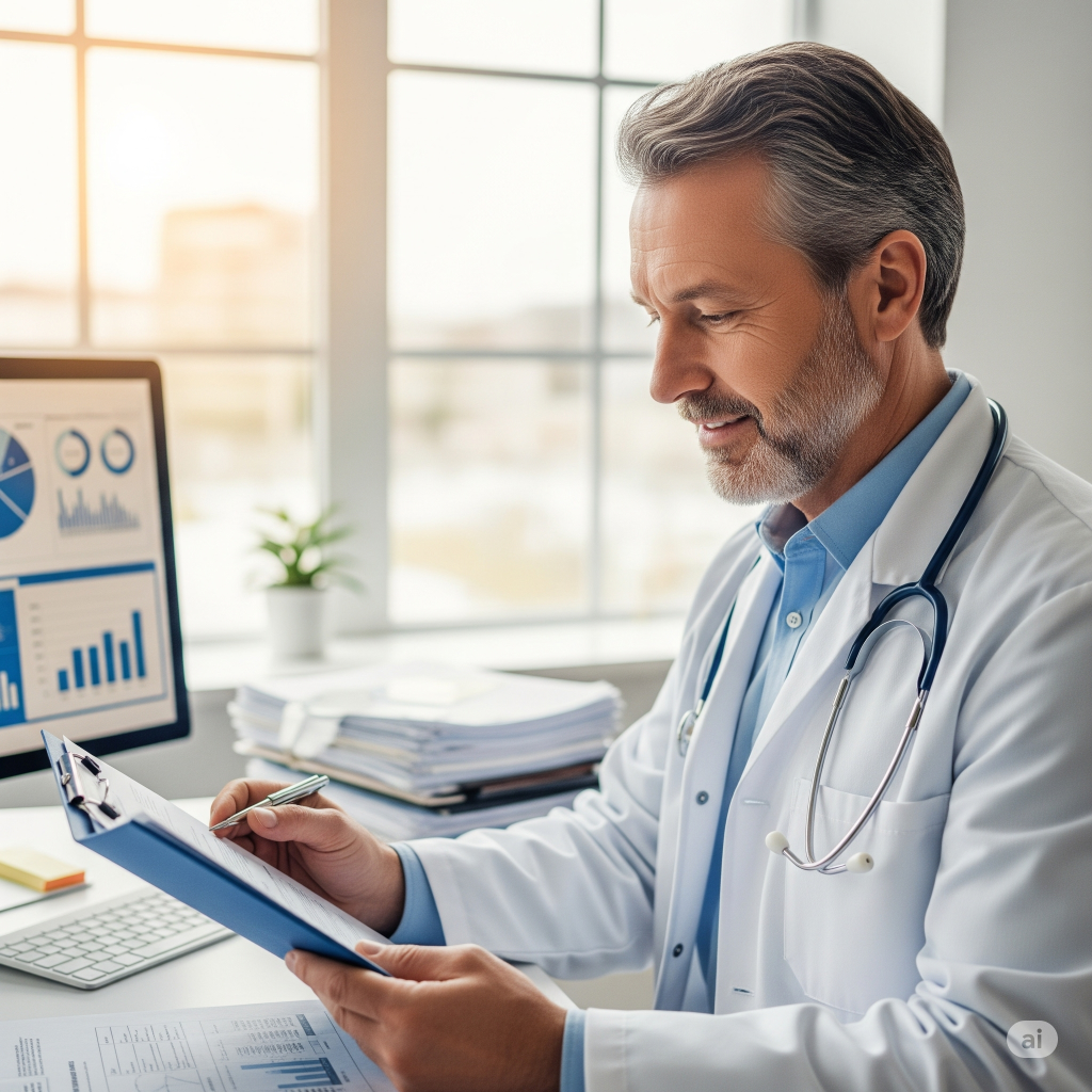 Nuovo Accordo Stato-Regioni 2025: Un medico competente che consulta una cartella sanitaria e di rischio, con un computer e documenti sullo sfondo, a sottolineare l'importanza della sorveglianza sanitaria.