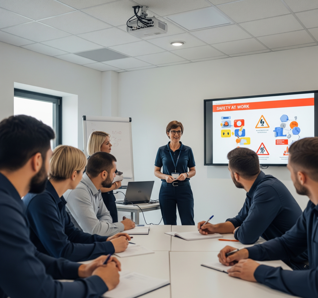 Aggiornamento 2025 del D.Lgs. 81/08 Un gruppo di lavoratori e un formatore impegnati in un corso di aggiornamento sulla sicurezza sul lavoro in un'aula moderna, con slide proiettate che mostrano i nuovi contenuti formativi. L'atmosfera è interattiva e partecipativa.