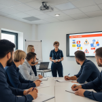 Aggiornamento 2025 del D.Lgs. 81/08 Un gruppo di lavoratori e un formatore impegnati in un corso di aggiornamento sulla sicurezza sul lavoro in un'aula moderna, con slide proiettate che mostrano i nuovi contenuti formativi. L'atmosfera è interattiva e partecipativa.