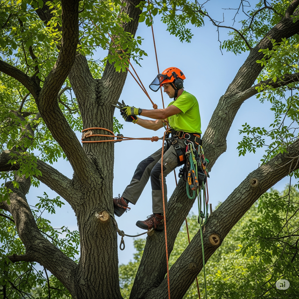 Aggiornamento 2025 del D.Lgs. 81/08: Un operaio specializzato che esegue lavori di potatura su un albero di grandi dimensioni, utilizzando tecniche di accesso e posizionamento mediante funi (tree climbing) e dispositivi di protezione individuale (DPI) all'avanguardia