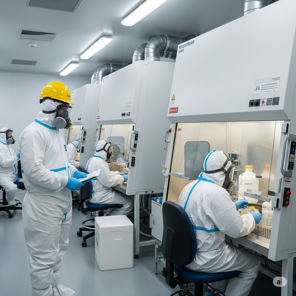 Aggiornamento 2025 del D.Lgs. 81/08: Un laboratorio o un ambiente industriale in cui si gestiscono sostanze potenzialmente cancerogene o mutagene, con lavoratori che utilizzano dispositivi di protezione collettiva e individuale avanzati, supervisionati da un esperto della sicurezza dotato degli appositi dpi.