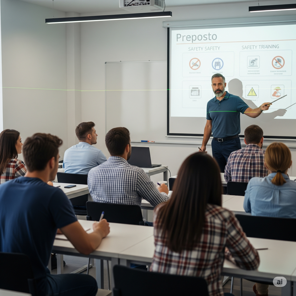 Preposto: Un gruppo di lavoratori seduti in aula, con un Preposto che illustra slide su un proiettore, a simboleggiare un corso di formazione sulla sicurezza.