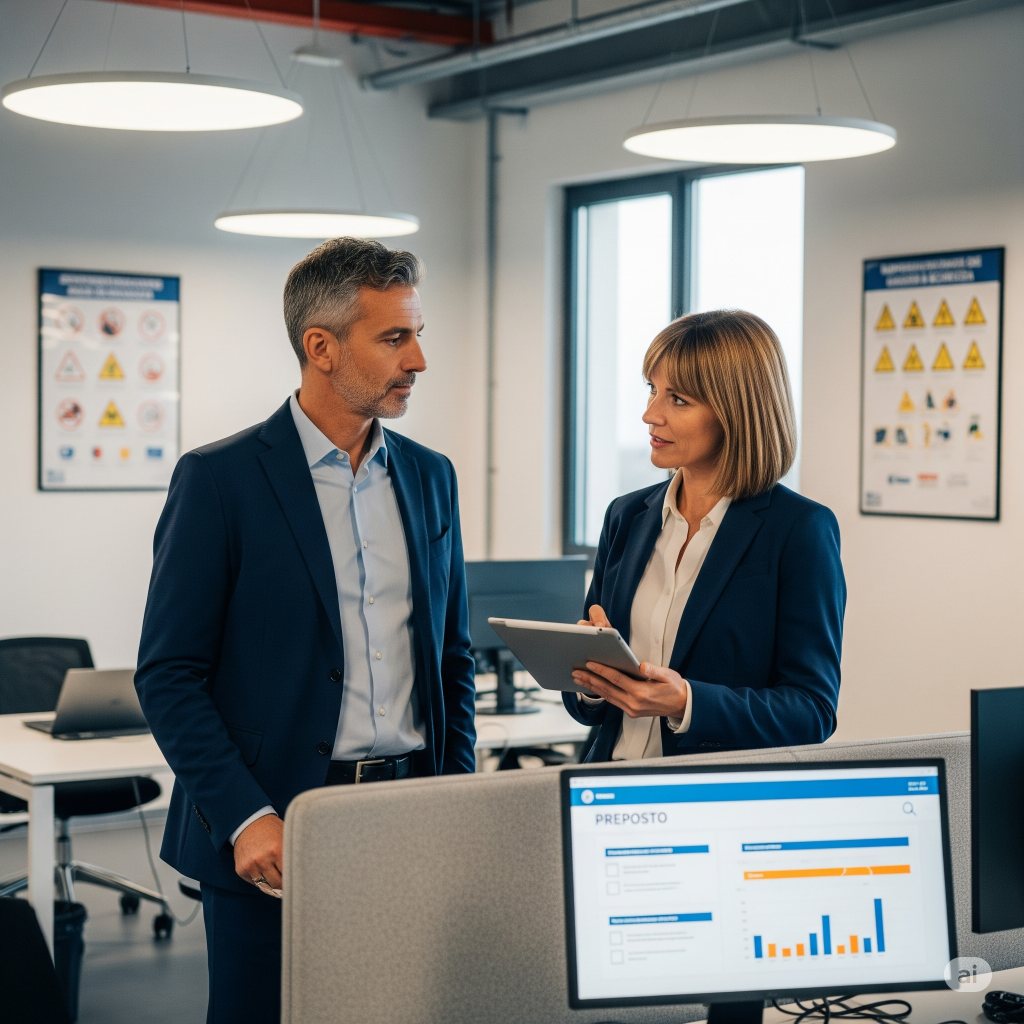 Preposto: Una scena in cui il Preposto discute con un RLS (Rappresentante dei Lavoratori per la Sicurezza) in un ufficio, a rappresentare la distinzione e la collaborazione tra i due ruoli.