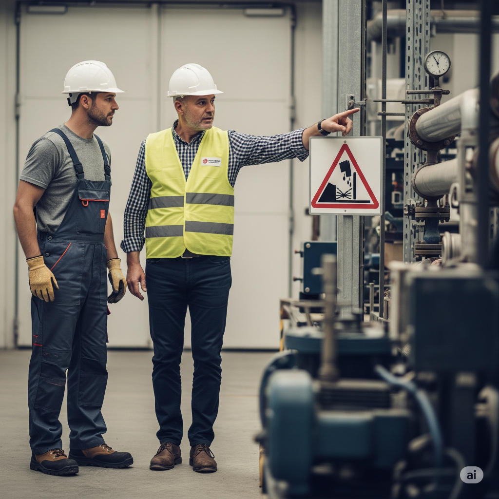 Preposto: Un Preposto che indica un cartello di sicurezza o un'area a rischio a un lavoratore, sottolineando l'importanza della segnaletica e della vigilanza.