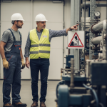 Preposto: Un Preposto che indica un cartello di sicurezza o un'area a rischio a un lavoratore, sottolineando l'importanza della segnaletica e della vigilanza.