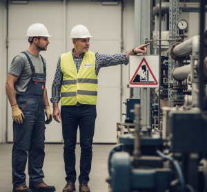 Preposto: Un Preposto che indica un cartello di sicurezza o un'area a rischio a un lavoratore, sottolineando l'importanza della segnaletica e della vigilanza.