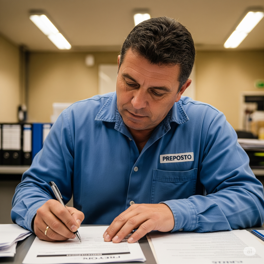 Preposto: Un Preposto che compila un modulo di segnalazione di un quasi-incidente o di una non conformità, evidenziando il suo ruolo di reportistica.