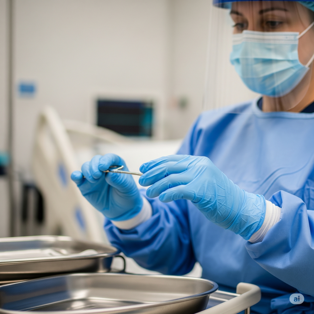 DPI: Un operatore sanitario in un ambiente pulito, che indossa guanti monouso , mascherina chirurgica e visiera protettiva , con un focus sulle mani protette durante un'attività.