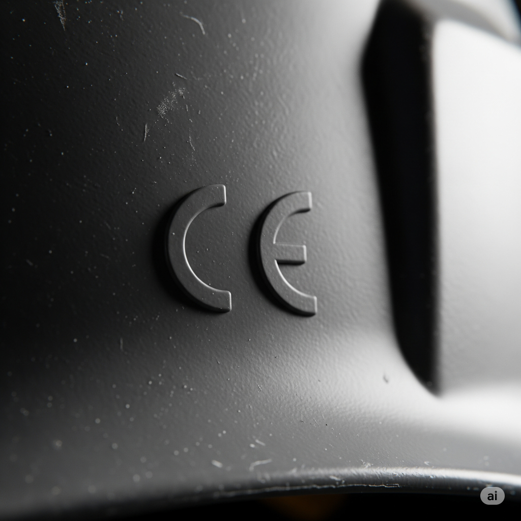 DPI:Dettaglio ravvicinato della marcatura CE su un DPI (es. guanto o elmetto), con la texture del materiale ben visibile. Illuminazione che evidenzia il logo.