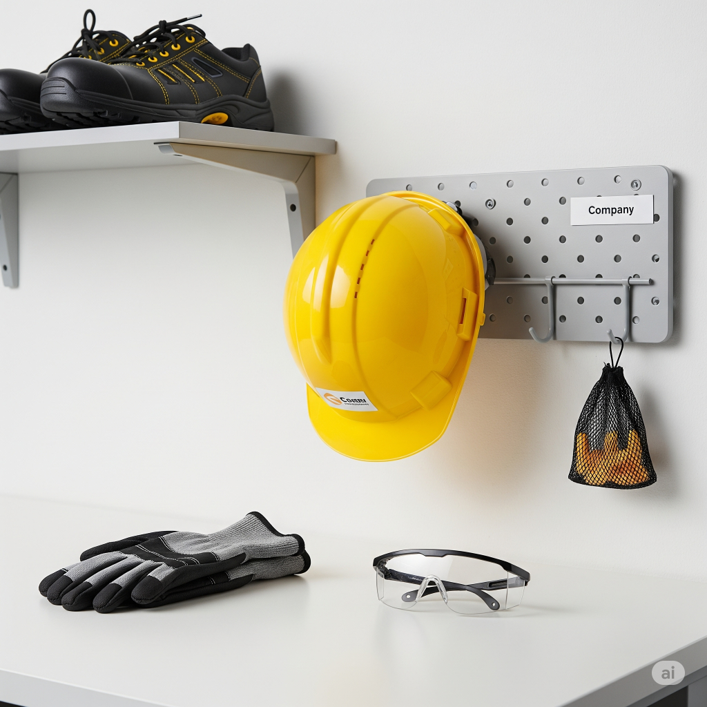 DPI: Una postazione di lavoro pulita con vari DPI organizzati: casco, occhiali, guanti, scarpe antinfortunistiche, appesi o su scaffali, a simboleggiare la conservazione DPI ordinata.