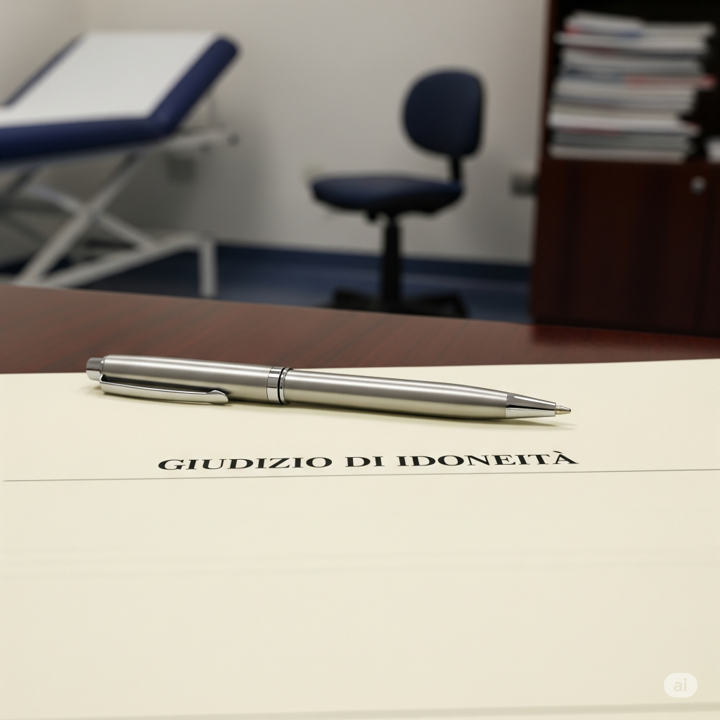 contestare il giudizio del Medico del Lavoro: Primo piano di un documento ufficiale con l'intestazione "Giudizio di Idoneità" posato su una scrivania. Una penna è appoggiata sopra, a simboleggiare una decisione imminente. Lo sfondo è sfocato e mostra l'ambiente di un ufficio medico. Fotografia realistica, profondità di campo ridotta.