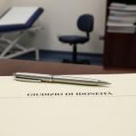 contestare il giudizio del Medico del Lavoro: Primo piano di un documento ufficiale con l'intestazione "Giudizio di Idoneità" posato su una scrivania. Una penna è appoggiata sopra, a simboleggiare una decisione imminente. Lo sfondo è sfocato e mostra l'ambiente di un ufficio medico. Fotografia realistica, profondità di campo ridotta.